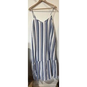 J Crew Blue/White Striped V Neck Tiered Midi Sundress Size Large